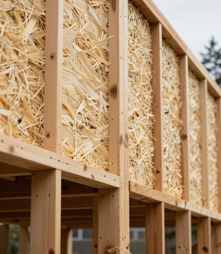 High-performance building envelope detail, showing continuous exterior wood-fiber insulation boards being fastened to timber framing, soft PNW daylight, architectural precision.