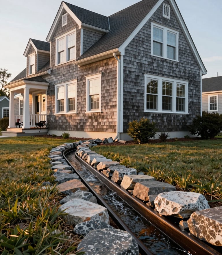 Low-angle architectural photograph of a shingle-style Cape Cod home, crisp morning light, showing a newly installed French drain with clean river stone border routing water away from the foundation.