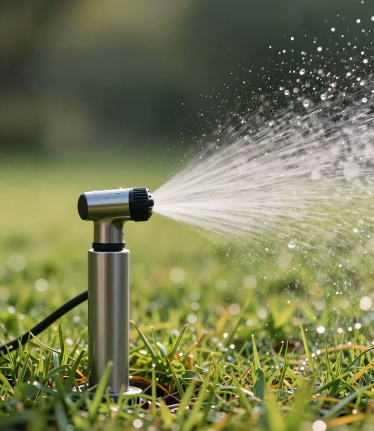 Low-angle close-up of a modern stainless steel sprinkler head cleanly misting a manicured lawn under soft morning light, water droplets suspended.