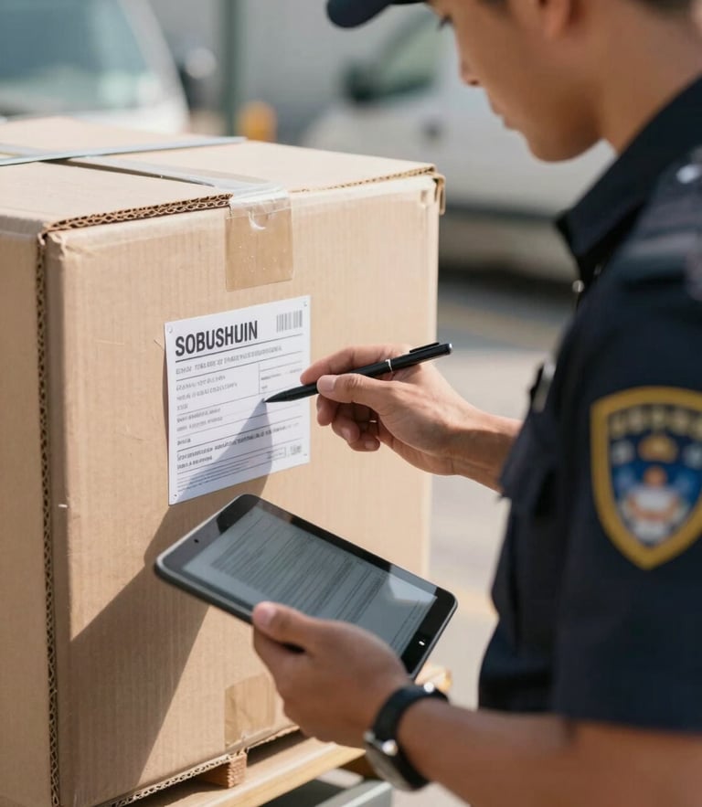 Focused uniformed crew member scanning a barcoded inventory label on a sealed moving crate using a digital tablet, bright natural daylight