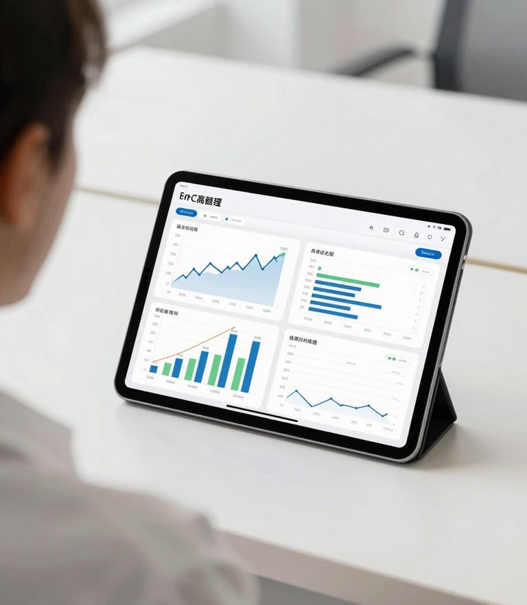 Over-the-shoulder shot of a clean modern digital tablet showing financial charts and growth dashboards, bright natural daylight, minimal composition
