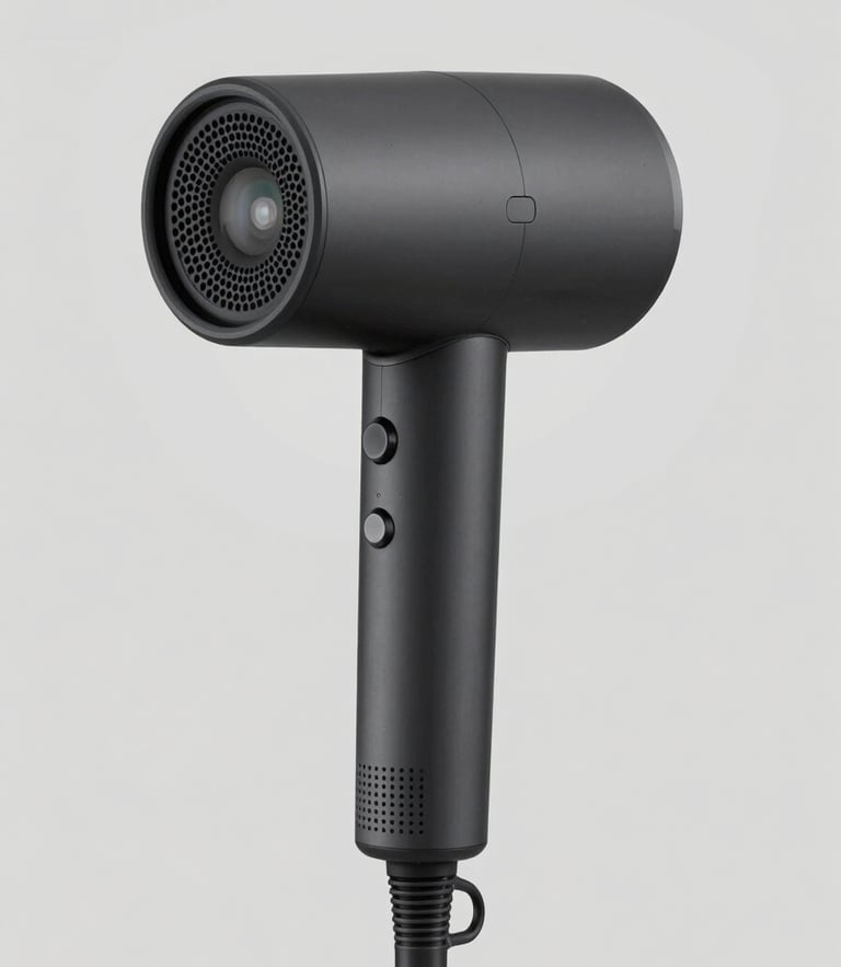 Studio shot of a minimalist matte black high-velocity hair dryer, clean slate grey background, sharp focus, professional commercial catalog, 50mm lens