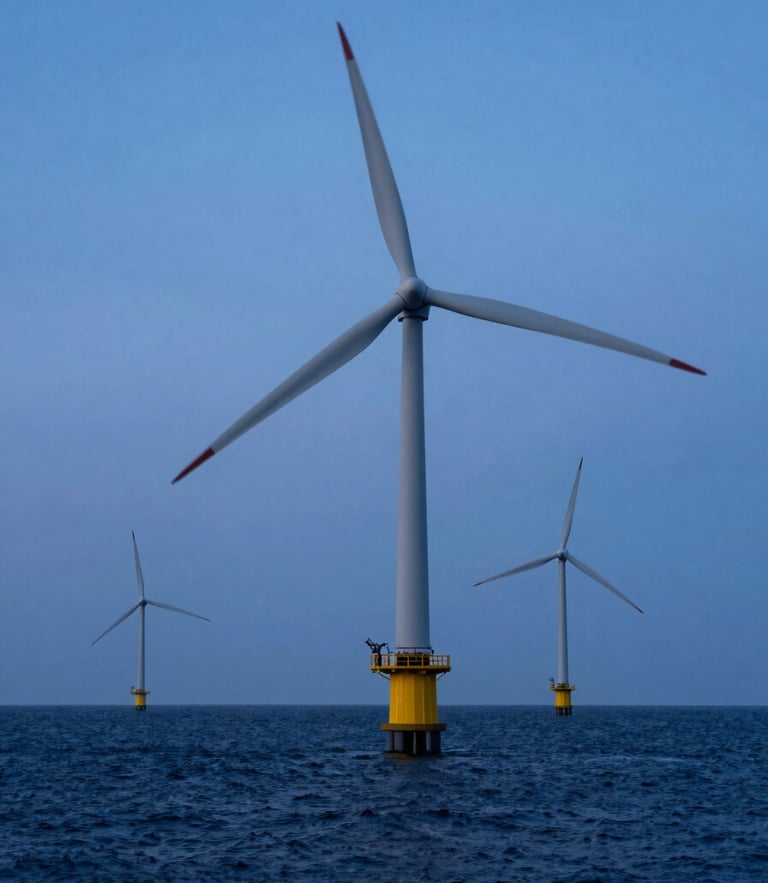 Wide environmental shot of a modern offshore wind array at blue hour, deep navy water, clean steel structures, dramatic low-angle architectural lens.