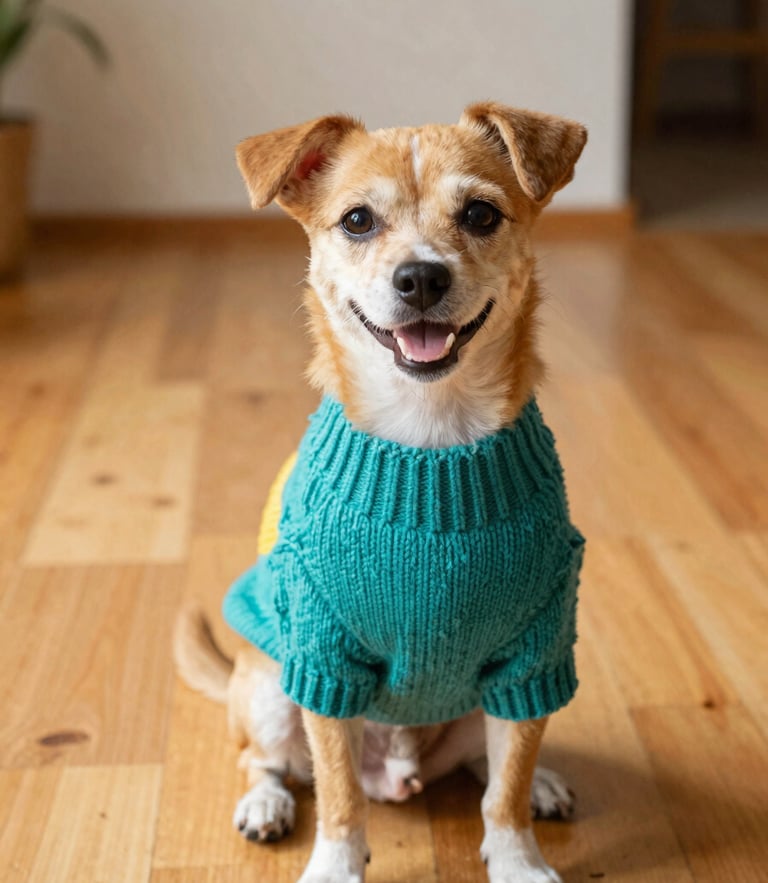A happy small dog wearing a vibrant, colorful hand-knitted teal sweater, sitting on a warm wooden floor in a sunlit room, eye-level shot, warm saturated tones, shallow depth of field