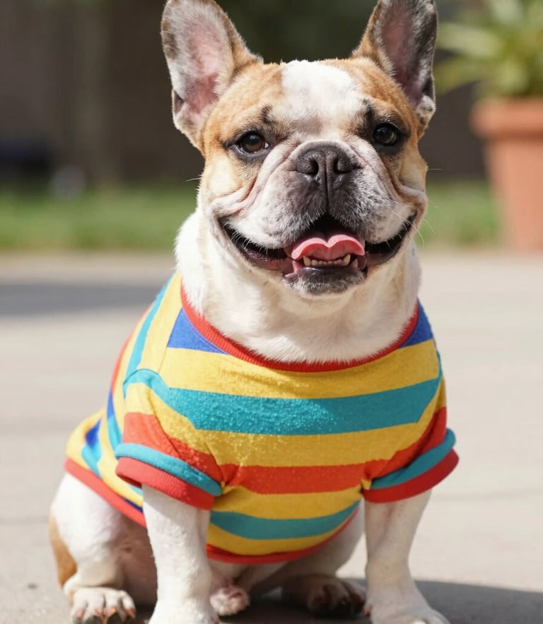 A happy French bulldog sitting upright wearing a colorful striped handmade cotton t-shirt, bright natural daylight, warm saturated tones, shallow depth of field, 35mm