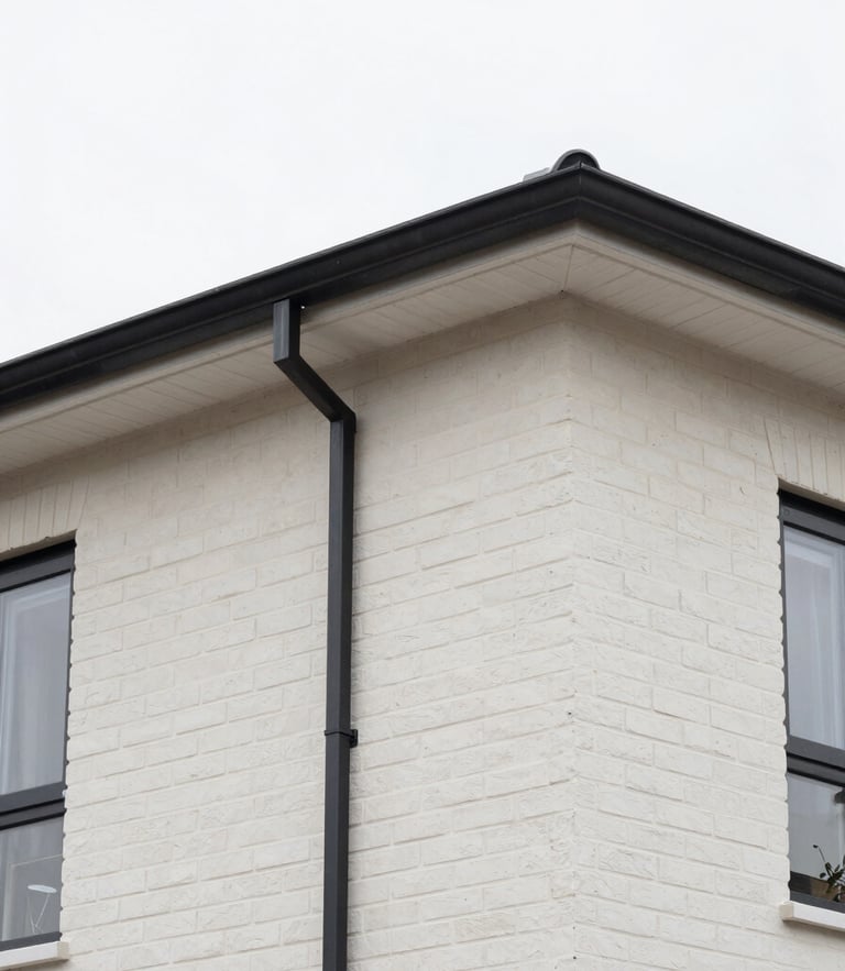 Close-up of clean, modern rooflines and precise brickwork on a newly completed Manchester home extension, sharp focus, 35mm