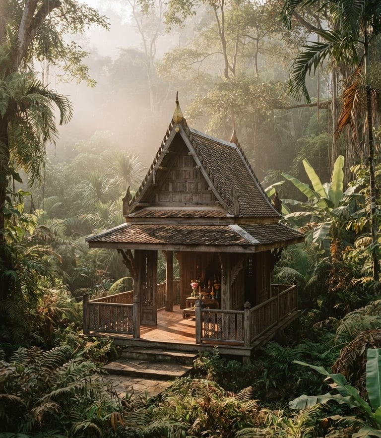 Soft morning mist over a traditional Thai teak wood pavilion, dappled sunlight filtering through tropical foliage, rich muted green tones, 35mm film aesthetic.