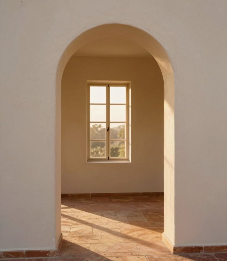 Architectural crop of a minimalist cream-plaster archway inside a Blantyre villa, warm golden-hour light casting long soft shadows on textured terracotta stone floor, 35mm photography