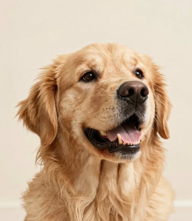 Close-up of a happy healthy golden retriever looking up in soft natural light, warm cream background, shallow depth of field