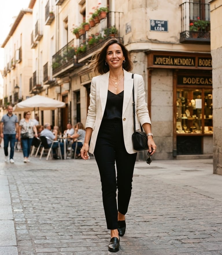 Medium portrait of a stylish woman in her late 30s wearing a tailored cream blazer and black trousers, walking on a sunlit Madrid street, warm editorial fashion photography, 35mm film look