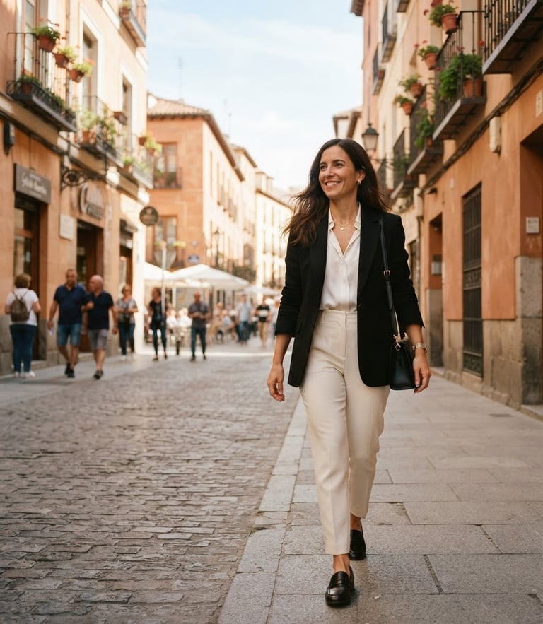 Elegant professional woman in a tailored black blazer and cream trousers walking down a sunny Madrid street, soft natural light, 35mm film look