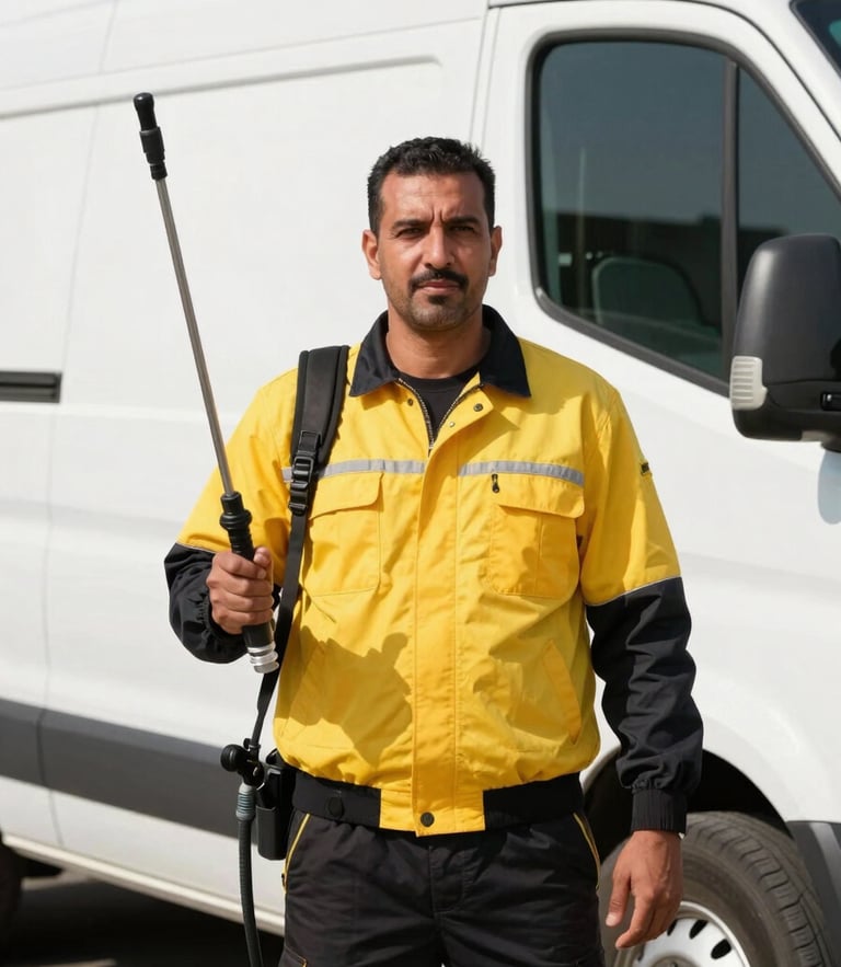 A professional Kuwaiti pest control technician in a clean yellow and black uniform, holding a professional spraying tool, standing next to a clean white service van, bright daytime lighting, medium shot.