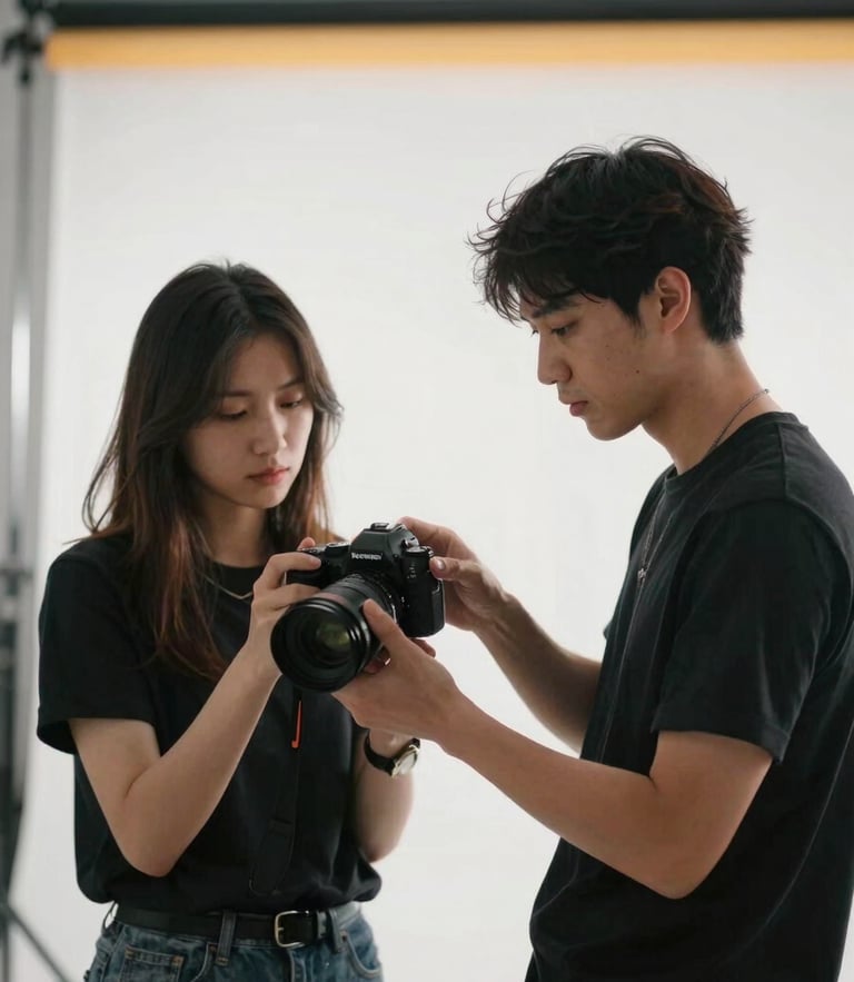 Two real team members collaborating behind the scenes, holding a camera and setting up colorful lighting in a bright studio
