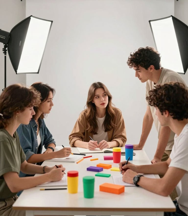 Vibrant high-key studio shot of a creative team collaborating around a table with colorful products and professional lighting equipment, eye-level angle.