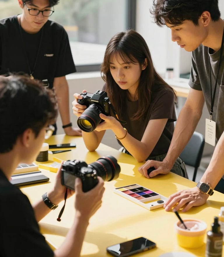 Vibrant eye-level shot of creative team members collaborating around a table with bright yellow accents, holding a camera and styling products under high-key natural sunlight.