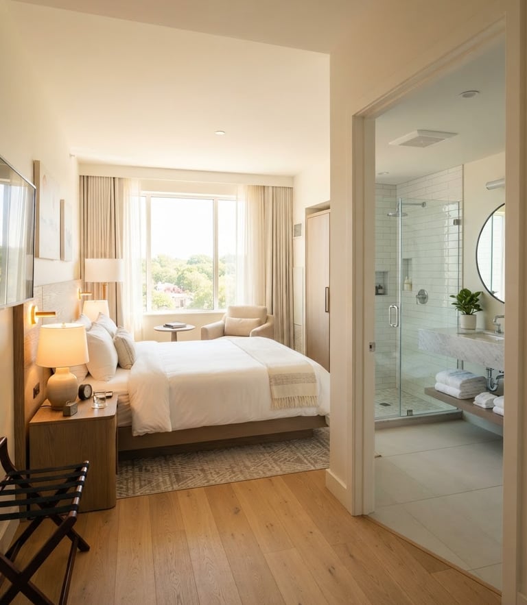 Bright interior photography of a spotless hotel room with crisp white linens, clean modern bathroom visible, natural daylight, warm inviting tones, realistic