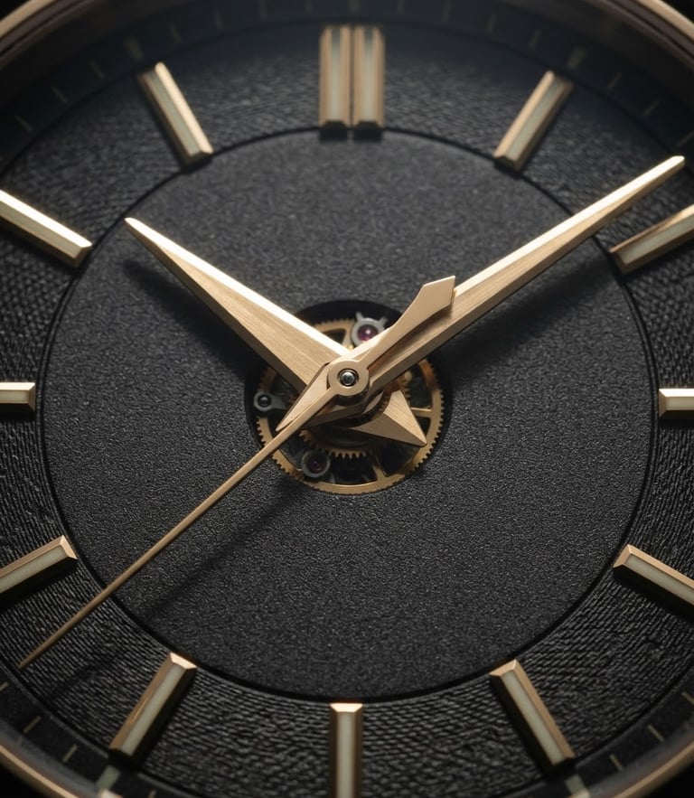Extreme macro close-up of a luxury watch dial and golden hands, dramatic side-lit studio lighting, deep charcoal background