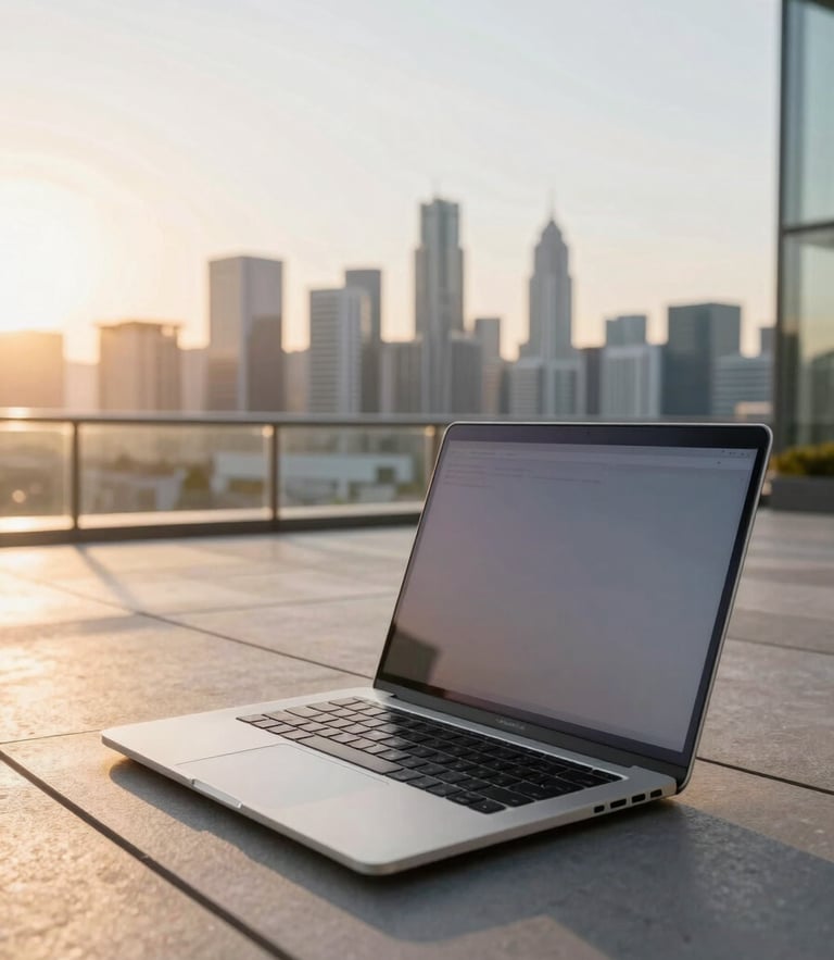 A professional working on a sunlit terrace with architectural lines, warm golden-hour light reflecting on a clean metallic laptop, expansive view of a modern city skyline in the background, sharp focus, editorial photography.