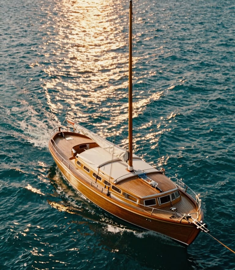 A vintage wooden yacht gliding on deep teal Mediterranean waters, golden hour sunlight reflecting off the sea, warm saturated tones, 35mm film aesthetic.