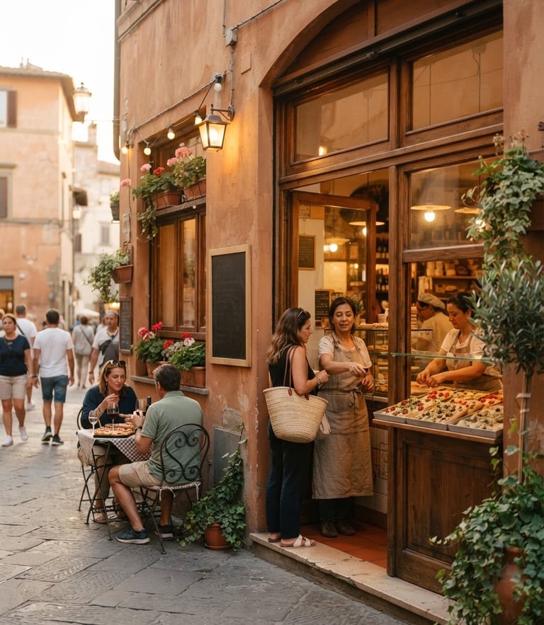 Warm editorial photography of the Focacceria Sociale storefront, warm natural daylight, soft shadows, golden hour glow, welcoming atmosphere
