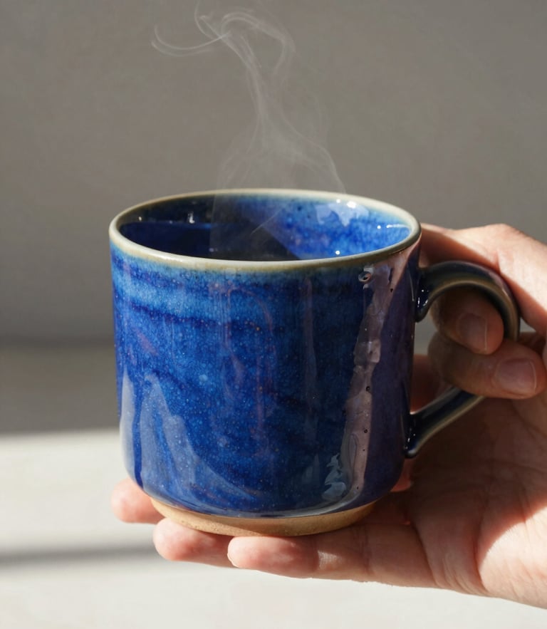 Warm editorial photography, a hand holding a steaming cobalt blue ceramic mug, bright natural sunlight casting soft shadows, glossy glaze texture, shallow depth of field, 35mm