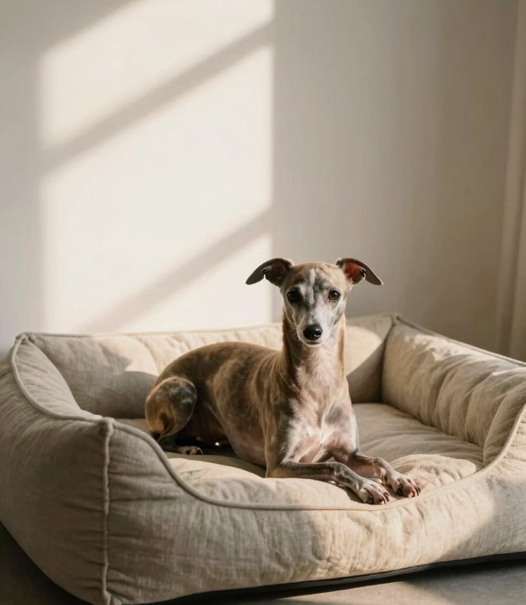 An elegant small Italian Greyhound resting on a soft oatmeal linen dog bed in a sunlit, minimalist living room, warm window shadows, 35mm photography.