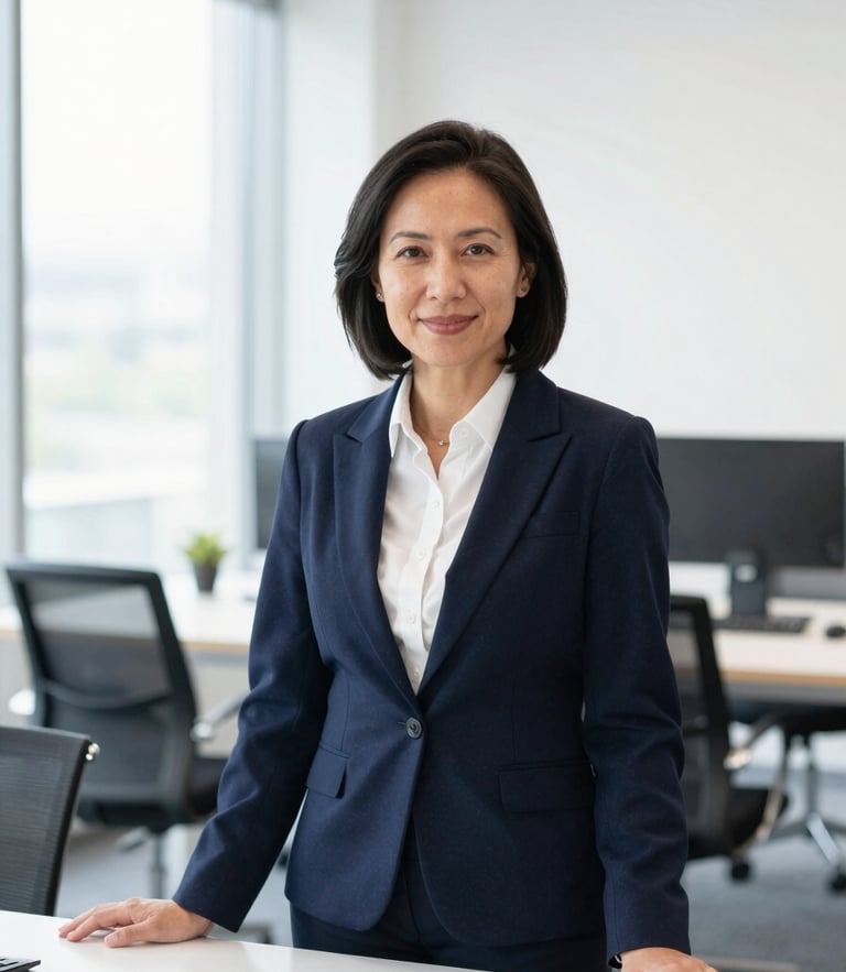 A professional medium-wide portrait of an academic leader in a bright, modern office with soft natural daylight, deep navy and white tones, sharp focus.