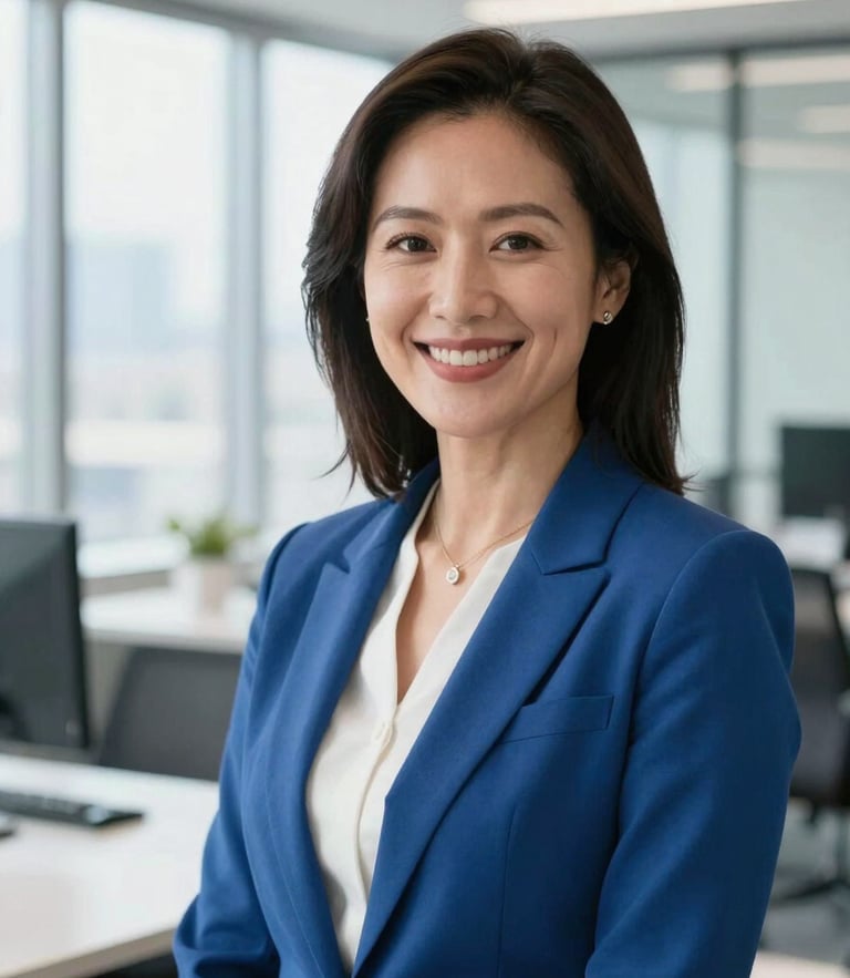 A bright, professional portrait of a smiling female alumnus in a modern office, natural daylight, corporate blue tones, sharp focus