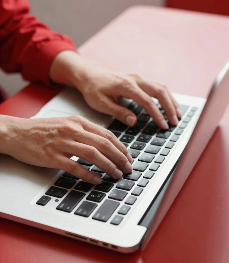 Close up of hands typing on a modern laptop in a bright, high-contrast workspace with clean red accents, sharp focus, editorial style.