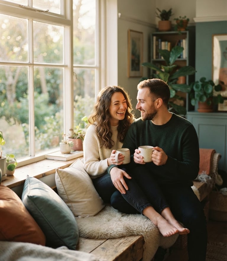 A couple sitting together on a sunlit window bench, sharing a quiet laugh over coffee, warm diffused golden-hour light, shallow depth of field, muted teal tones