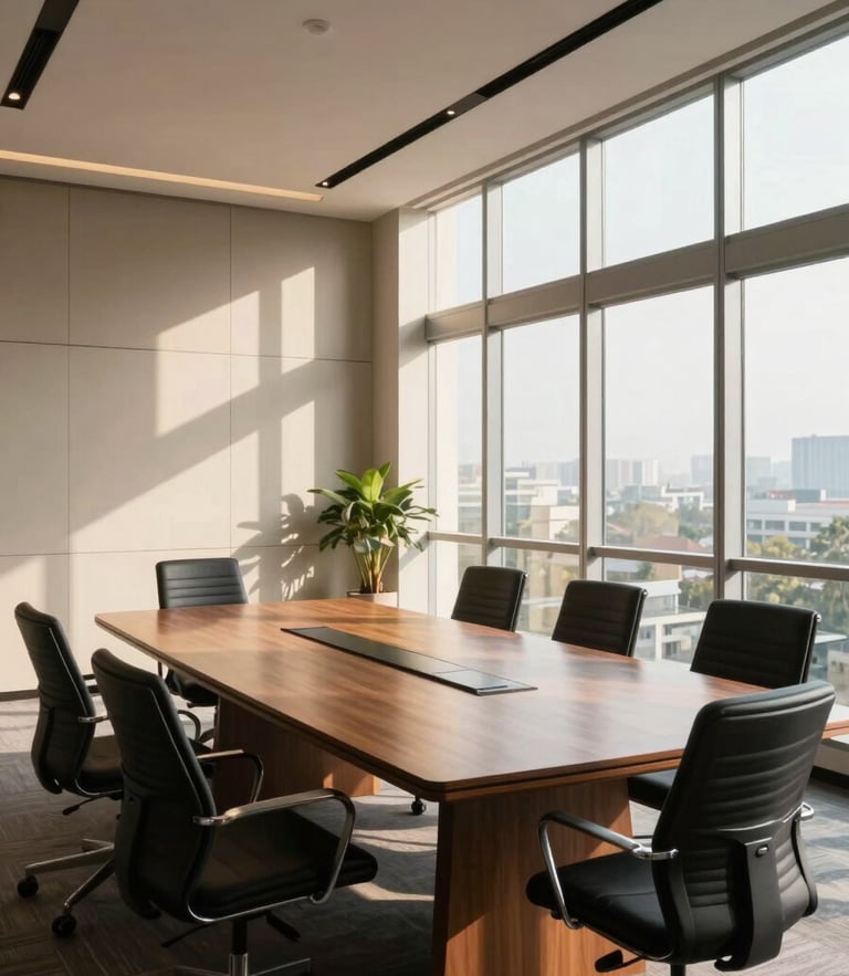 Wide environmental shot of a modern Indian corporate office boardroom, warm natural daylight streaming through large windows, architectural details, highly professional atmosphere.