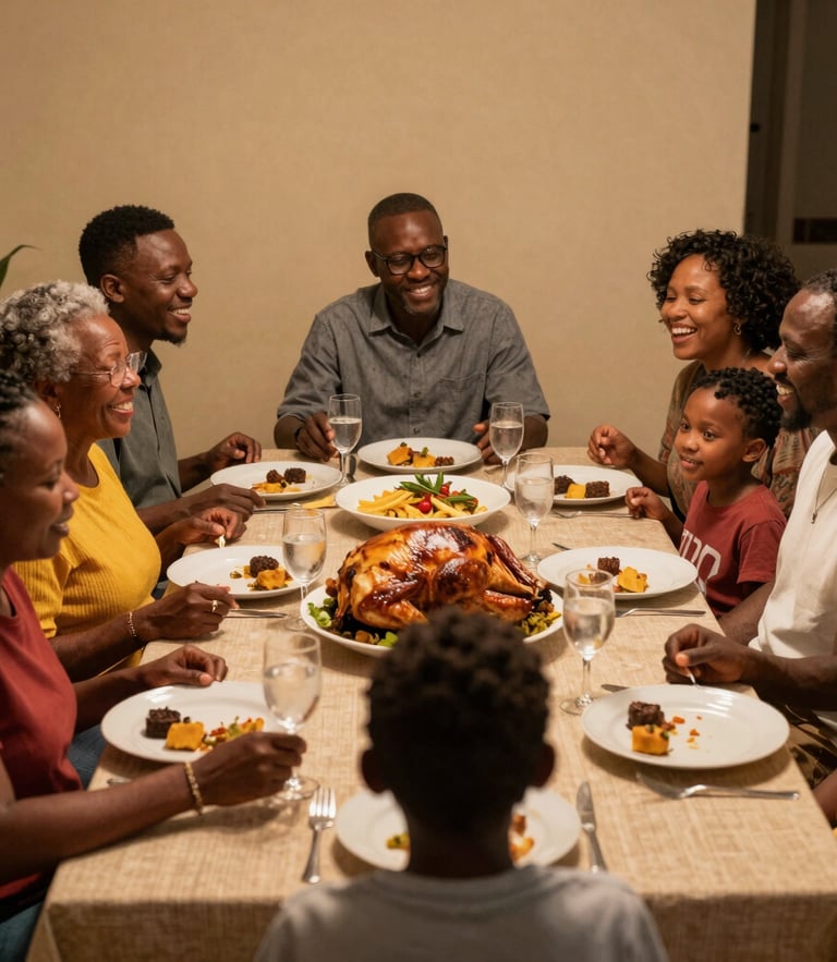 Family gathering for thanksgiving discussing financial and retirement options