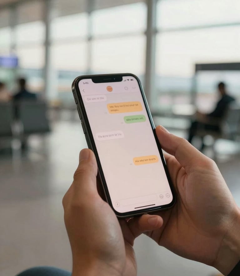 Close-up of hands holding a smartphone displaying a warm, reassuring text conversation, soft morning light filtering through an airport lounge window, shallow depth of field, premium editorial feel.