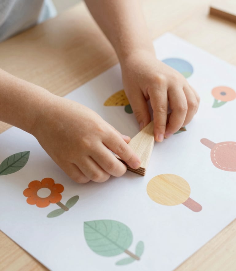 Close-up of child's hands carefully placing wooden shapes onto a beautifully printed, minimalist activity sheet under soft natural daylight.