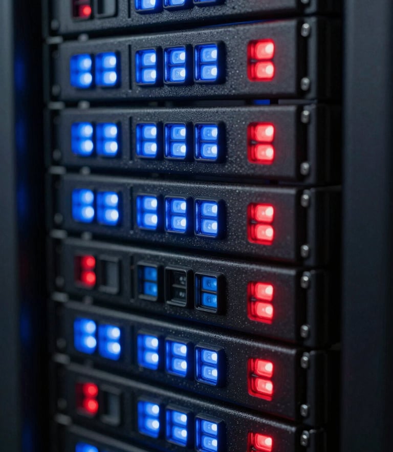Macro shot of physical server rack status lights glowing with cool blue and sharp red indicators, clean technical environment.