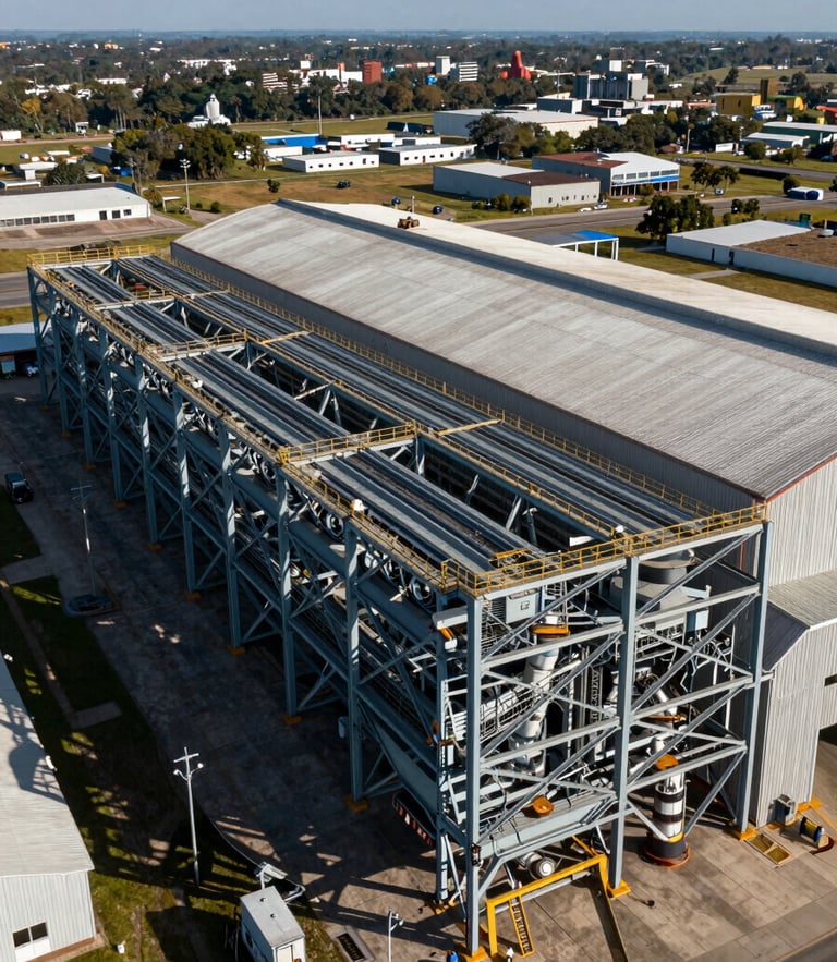Vista aérea de la estructura metálica de una nave industrial en Escobar, mostrando la disposición de las correas y pórticos de alma llena bajo luz natural.