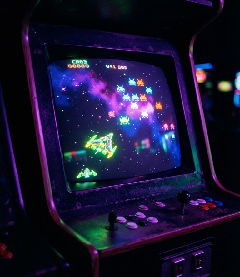 vibrant retro-gaming photography, a glowing vintage arcade cabinet screen in a dark room, neon purple and toxic green ambient light, close-up, 35mm lens