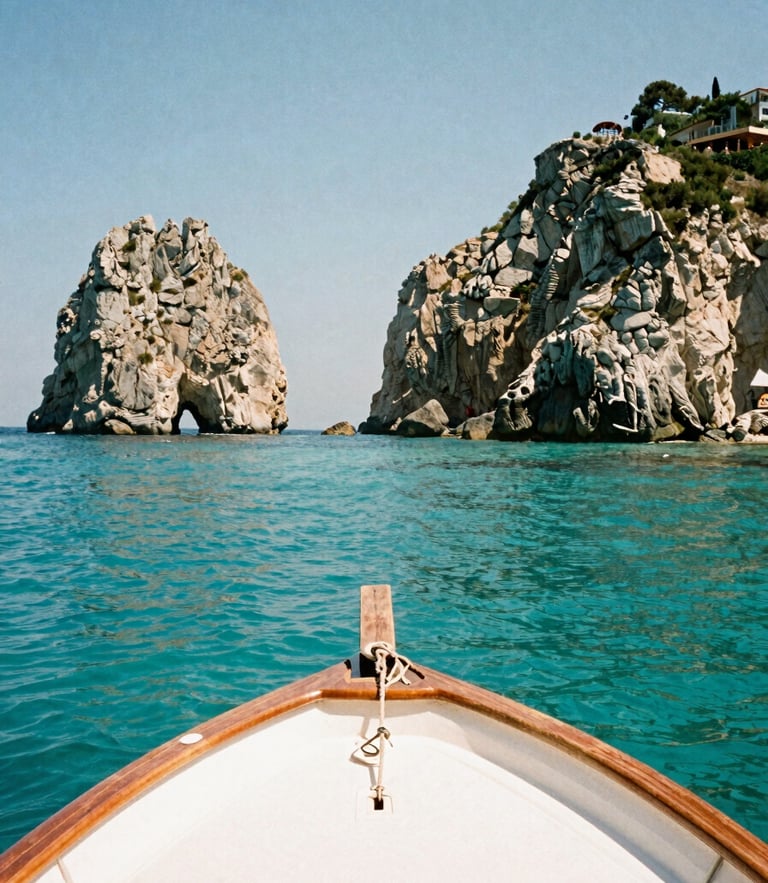 First-person perspective shot from a classic wooden boat bow pointing towards the dramatic coastal cliffs of Tropea, crystal-clear turquoise water under bright Mediterranean midday sun, 35mm film aesthetic.