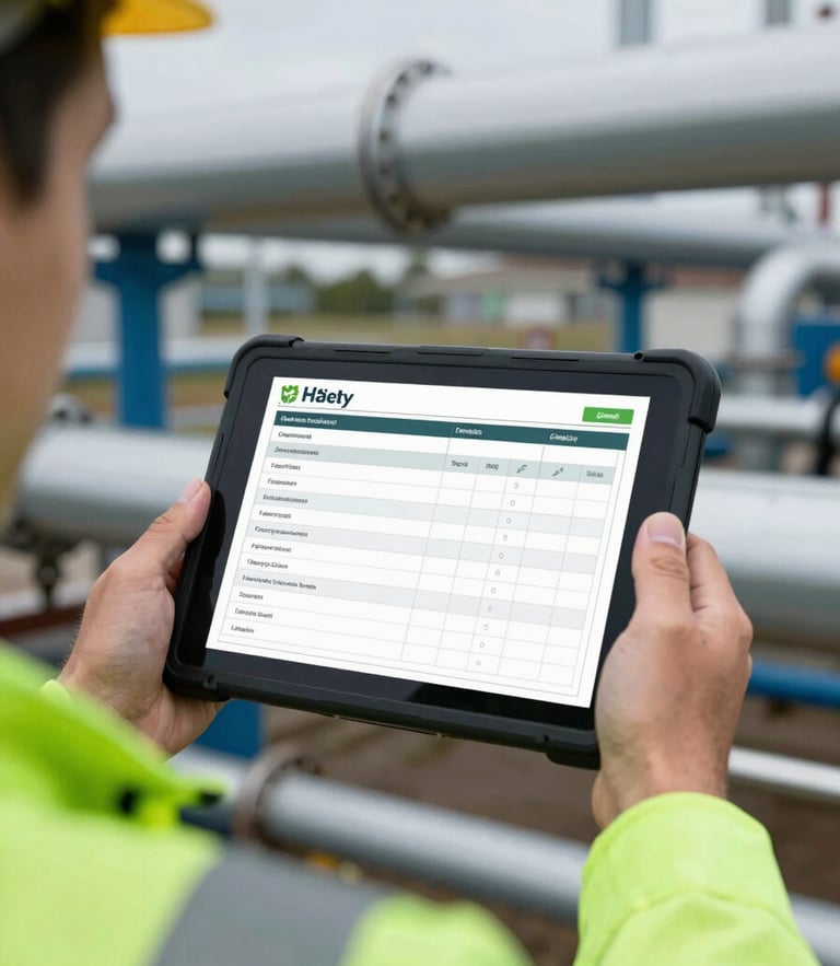 A close-up of an HSE consultant's hands holding a rugged digital tablet displaying a safety checklist, industrial piping blurred in the background, sharp green accents, natural overcast daylight, 35mm
