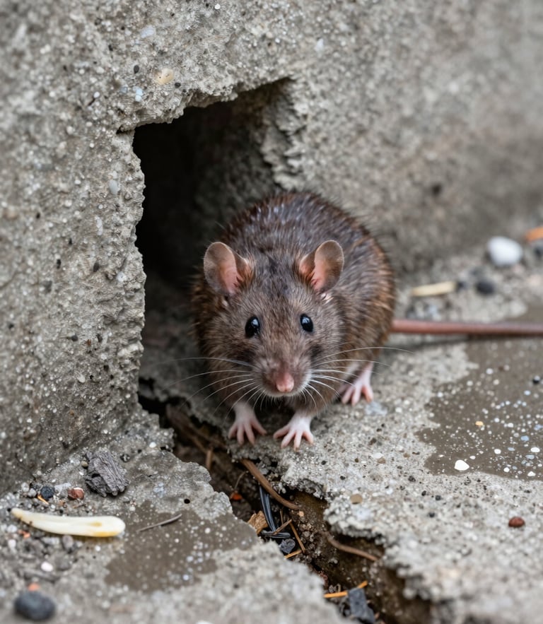 Macro photography of a brown rat near a damp concrete foundation crack in an urban alleyway, bright clinical lighting, sharp focus on structural entry point.