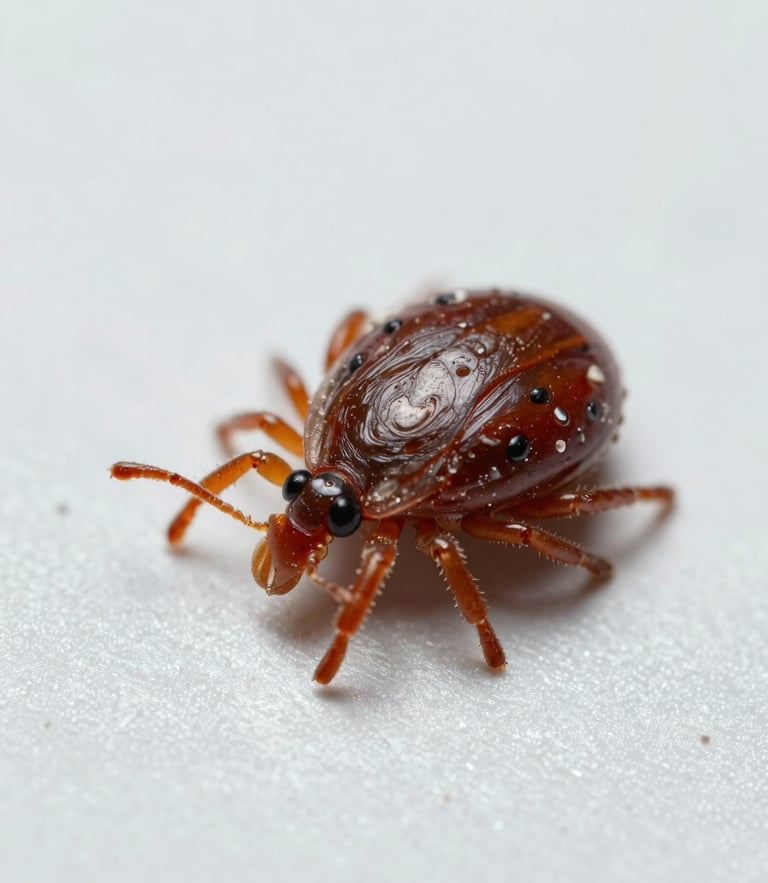 Macro-photography of a tick on a light sterile surface, bright clinical lighting, scientific documentation style, high-resolution details.