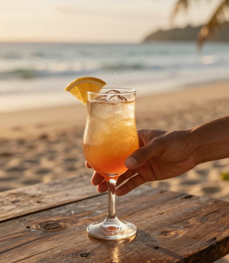 Warm editorial photography of a hand-shaken rum cocktail sweating in the golden-hour sun on a rustic wooden table, Kiwengwa beach in the background, shallow depth of field, 35mm