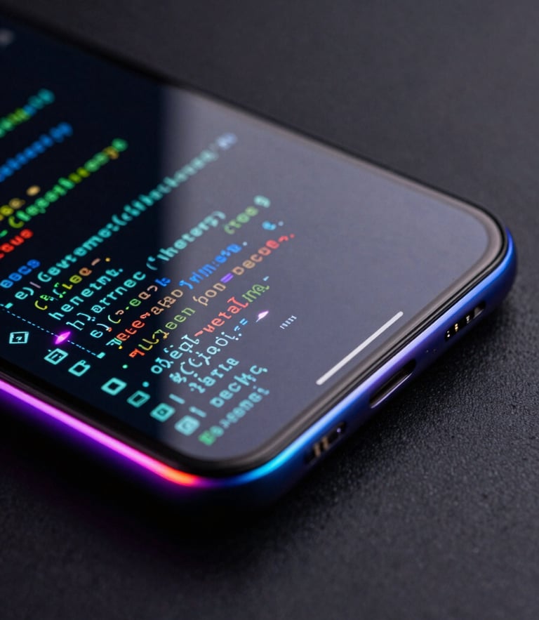 Sleek product photography, dark-mode studio lighting, vibrant neon accents. Extreme close-up macro shot of a modern Android flagship screen showing dense, glowing code-like UI elements reflecting off curved glass.