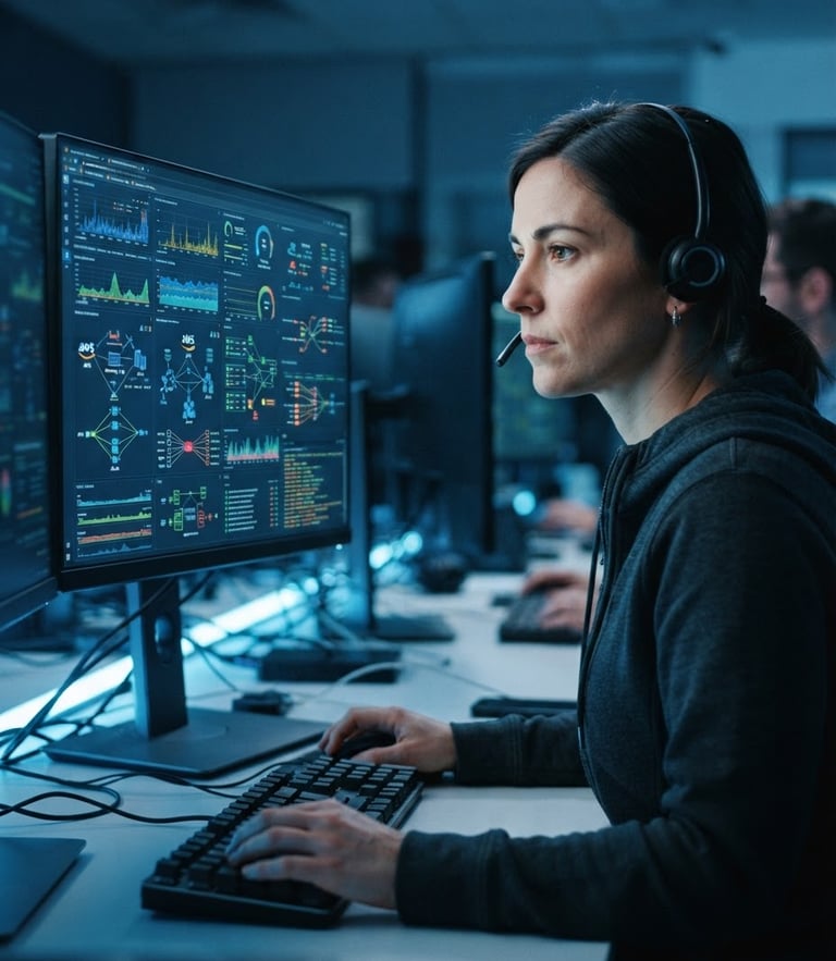 Close-up of a professional systems engineer analyzing real-time cloud infrastructure metrics on a high-fidelity dashboard screen, cool blue ambient lighting, professional depth of field