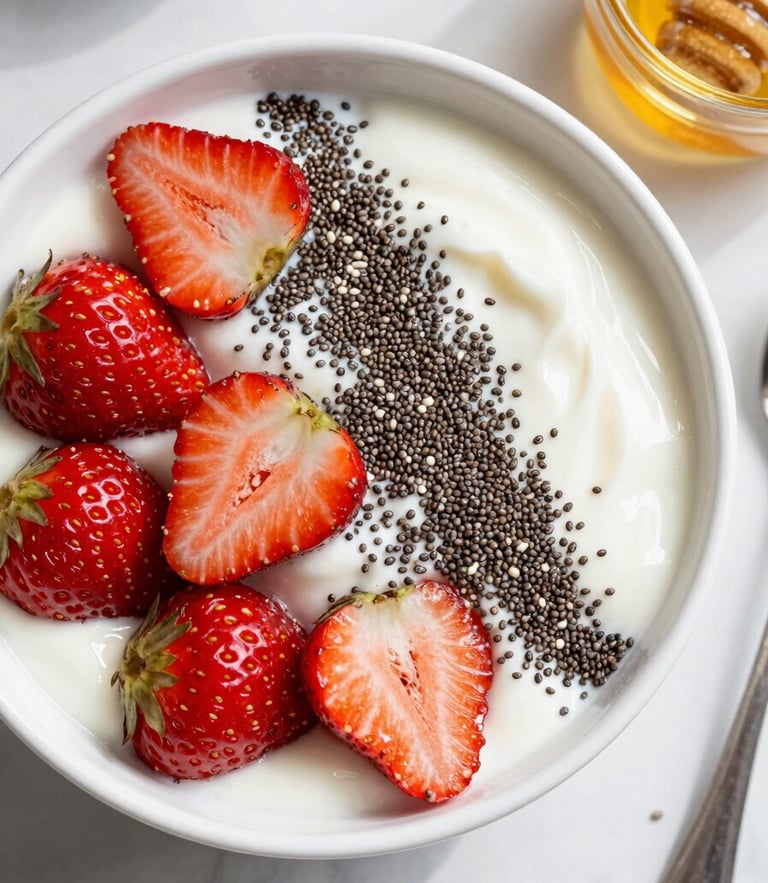 Top-down flat lay of a vibrant yogurt bowl with fresh strawberries, chia seeds, and local honey, bright natural daylight, high-detail macro