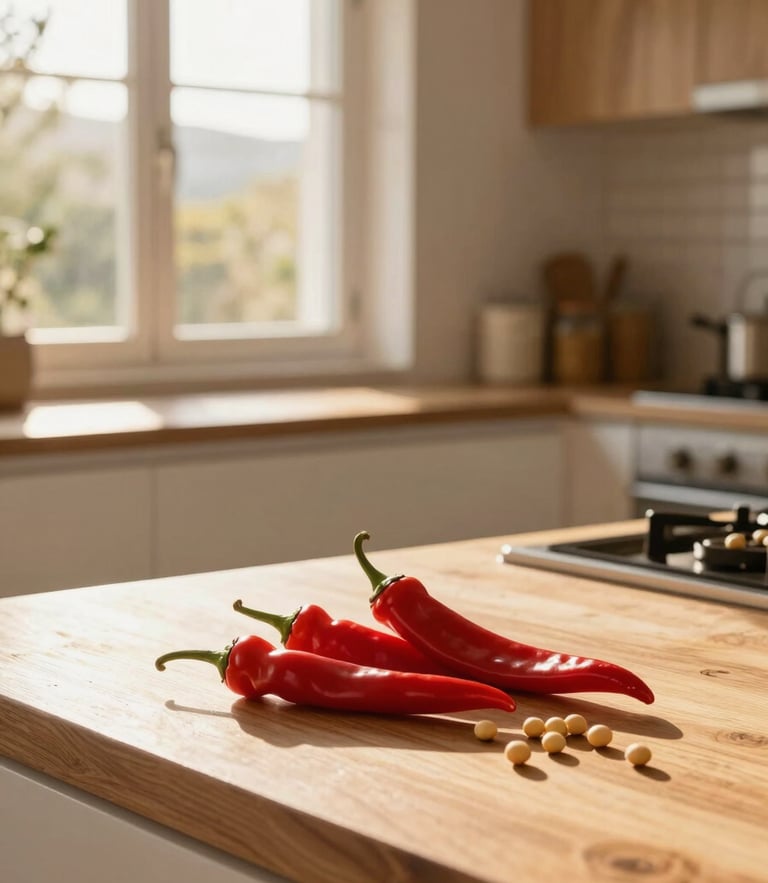 Warm golden-hour sunlight streaming through a modern clean kitchen window, highlighting fresh red chili peppers and soybeans on a light pine wood counter, 35mm editorial photography