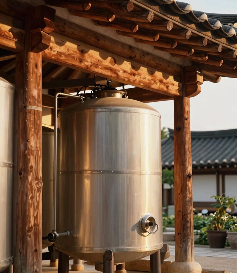 Warm golden-hour sunlight hitting clean fermentation vessels framed by traditional Hanok wooden eaves, editorial 35mm.