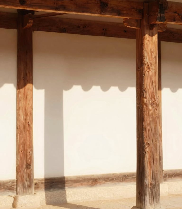 Warm editorial photograph of sunlit traditional Korean Hanok wooden pillars casting soft shadows on a clean minimalist plaster wall, Mediterranean light, 35mm