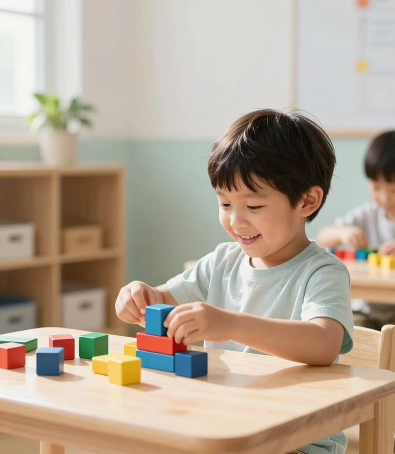 Bright sunlit preschool classroom with natural daylight, a child smiling while playing with colorful wooden blocks on a low wooden table, soft pastel tones, shallow depth of field.
