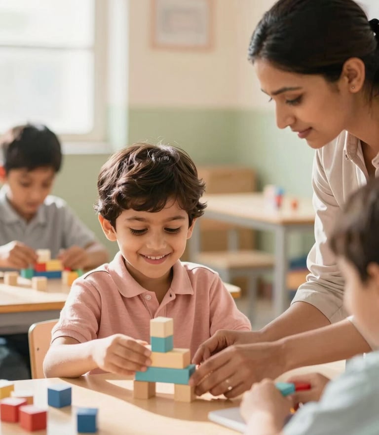 Candid medium shot of a teacher guiding a smiling child with building blocks in a sunlit Jaipur classroom, warm natural daylight, soft pastel tones, shallow depth of field